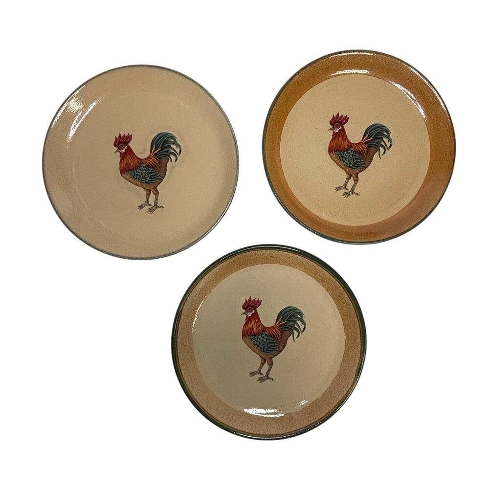3 Monroe Salt Works Rooster 11" Dinner Plates Stoneware Chicken Discontinued
